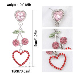 Cute Cherry Red Heart Earrings for Women Dangle Rhinestone Sweet Drop Pink Love Heart Earrings Crystal Cherry Colorful Fruit Statement Earrings for Party Vacation Trendy Y2K Jewelry Gifts for Teens
