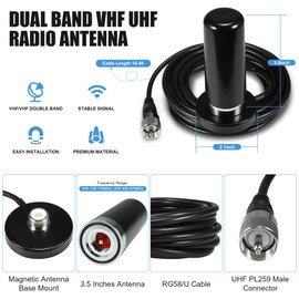BASIKER 3 Inch Vehicle Mobile Ham Radio Antenna Dual Band VHF UHF 136-174MHz 400-470MHz, NMO Magnetic Base Mount SO239 PL-259 Plug 16.4ft RG58 Coaxial Cable, CB Radio Antenna Truck Car Accessories