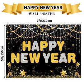 7 x 5 FT Happy New Year 2025 Backdrop - Extra Large Glittering Gold and Silver Letterings NYE Wall Hanging Photo Background, New Year's Eve Photography Booth Prop for Indoor Outdoor Decorations