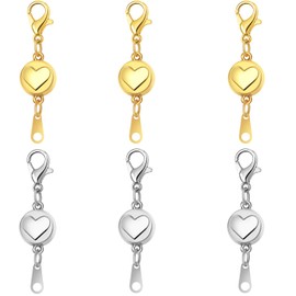 Sterling Silver Heart Magnetic Clasp Converter, S925 Jewelry Connector, Magnetic Necklace Clasps and Closures for Bracelet Necklace Extender (6pcs Golden Silvery)