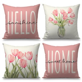 FUYUCHEN Pillow Covers 18x18 Set of 4 Tulip Home Sweet Home Pink Throw Pillows Decorative Pillow Cases Hello Summer Spring Seasonal Farmhouse Decorations for Home Sofa Couch
