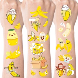 Cute Banana Temporary Tattoos for Kids - 8 Sheets 200+ Cute Banana Birthday Party Decorations Favors Supplies Yellow Fruits Theme Tattoo Stickers for Boys Girls School Prizes Rewards