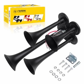 FARBIN 12V/24V Truck Air Horn 178DB 4 Trumpet Horns Train Horn for Truck Super Loud Air horns with Electric Solenoid Chrome Universal for Pickup Car Jeep SUV Train Boat (black 4-tube 12/24V)