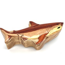 Handmade Wooden Puzzle Box with Secret Compartment, Shark Design, All-Natural Intarsia Wood Art