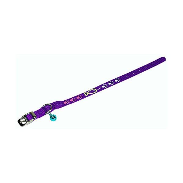 Hamilton Safety Cat Collar with Bell and Cat Fish Paw Design, 3/8 by 14-Inch, Purple Nylon