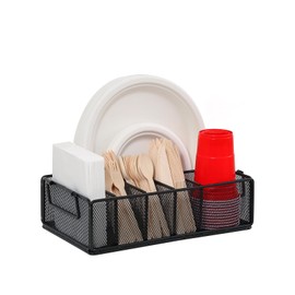 Remittur Paper Plate Dispenser with Handle, Metal Paper Plate Holders for Kitchen Counter, Utensil Holder Organizer with 6 Compartments, Silverware Holder Caddy for Cup Fork Spoon Napkin Party Camping