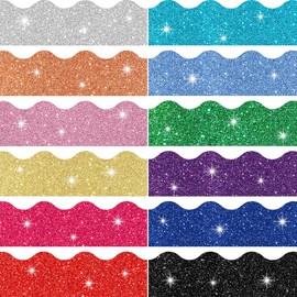 120 Pieces Glitter Bulletin Board Border Scalloped Border Trim Shiny Bulletin Poster Board Border Decoration Colorful Glitter Border Paper for School Classroom Office Party Wall Decor