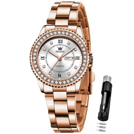 OLEVS Rose Gold Women's Watch Luxury Diamond Dress Fashion with Date Female Watches Quartz Analog Waterproof Luminous Ladies Wrist Watch Silver