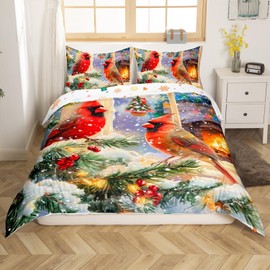 Cardinal Duvet Cover Set King Size,Christmas Poinsettia Winter Snow Bedding Set,Boys Girls Room Decor,Wildlife Bird Animal Rustic Comforter Cover,Red Green Quilt Cover,2 Pillowcases(No Comforter)