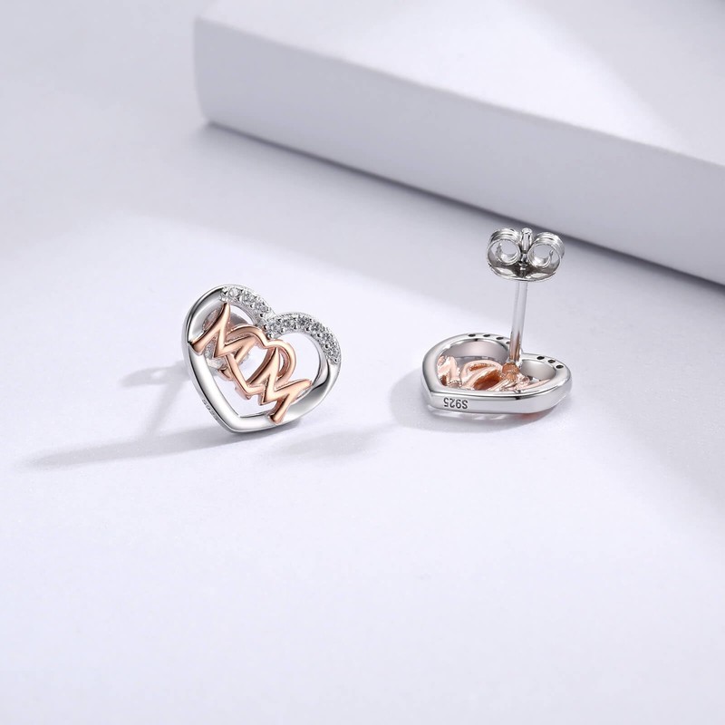 MOM Stud Earrings 925 Sterling Silver for Women - Heart