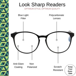 OPTIMUM OPTICAL Blue Light Filtering Scratch-Resistant Lens Round Frame Magnifying Reading Glasses - Look Sharp, +1.50