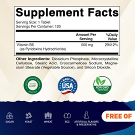 Vitamatic Vitamin B6 (Pyridoxine HCI), 500 mg – 120 Vegetarian Tablets - 2 Pack Promotes Energy Production, Boosts Metabolism & Immune Health Support