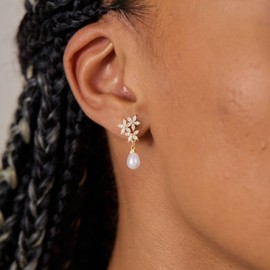 PRTGL Pearl Earrings for Women: Dainty Sparkle Cubic Zircon Flower Pearl Drop Earring 14K Gold Plated Pearl Earrings for Women