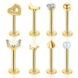 Gojewen 8pcs Lip Bars Labret Studs 16G 10mm Stainless Steel Gold Helix Tragus Cartilage Earring Stud Piercing Bar Heart Butterfly