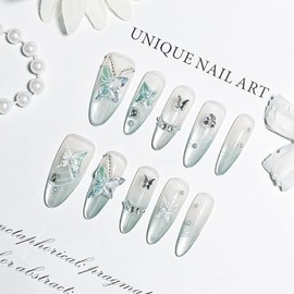 JODSONE Press on Nails Butterfly Almond Shape Cat Eye Handmade 3D Fake Nail Tips Reuseable Fashionable Design Long Lasting Fit Easy to Create Exquisite Fingertips- Small