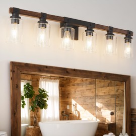 Floresita 6 Light Bathroom Vanity Light 40in with Glass Shade, Farmhouse Vanity Light for Bathroom Light fixtures Over Mirror, Rustic Brown