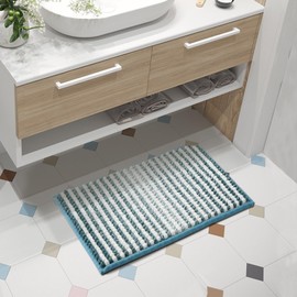 FRESHMINT Chunky Ombre Chenille Bathroom Rug 17"x24", Small Water Absorbent Soft Bath Rugs for Bathroom Floor, Thick Non Slip Bath Mat Washable Quick Dry Shower Mats, Aqua Blue and White