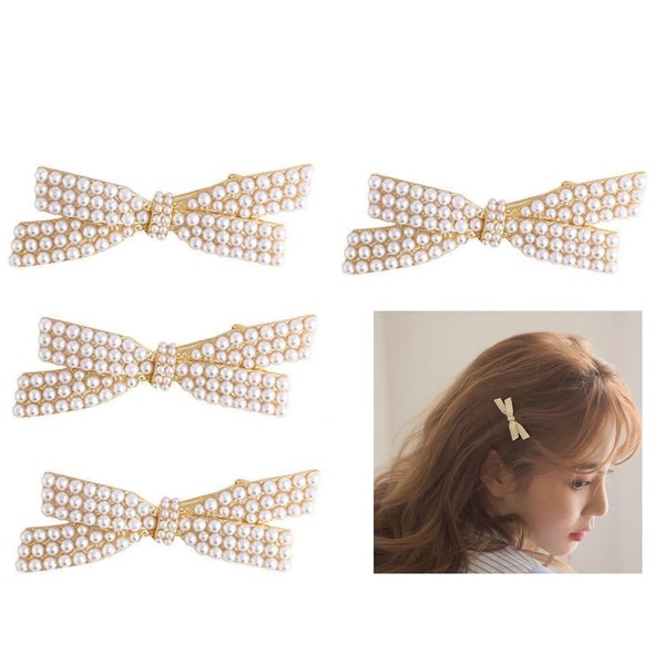 Feilguee 4Pcs Pearl Bow Hair Clips Duckbill Hair Non-Slip Duckbill