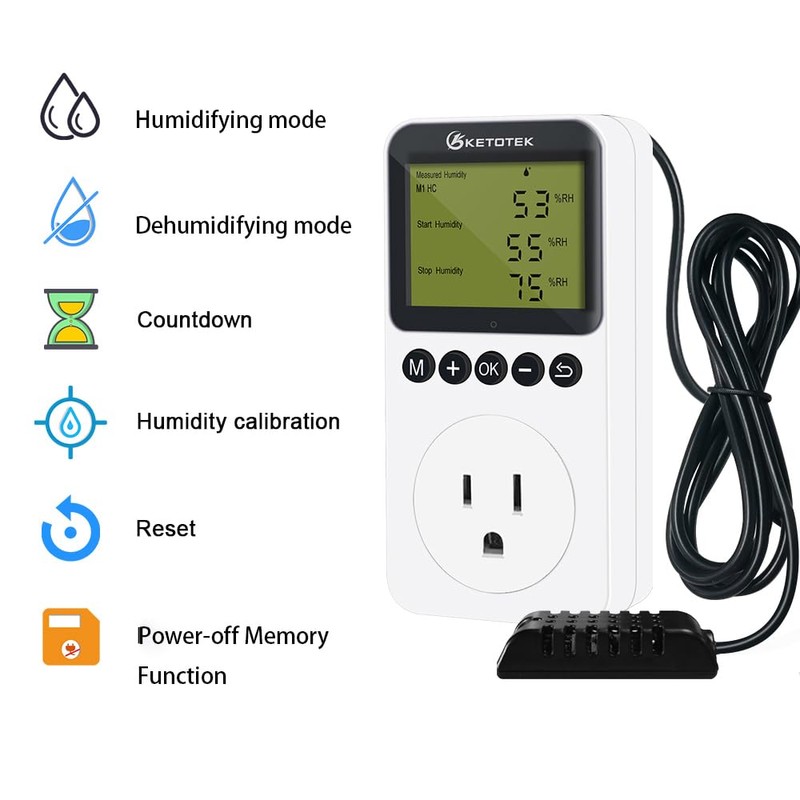 KETOTEK Digital Humidity Controller Outlet Plug with Sensor Probe, 120V