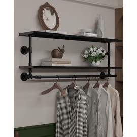 TEDIDUWA Black Clothes Rack 48in, 2-Tier Wall Mounted Garment Rack with Real Wood Shelf, Heavy Duty Hanging Clothes Rack, Multi-Purpose Hanging Rod, Space-Saving Closet Storage (Black, 2T48IN)