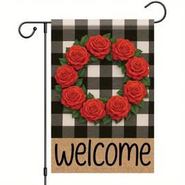 Starlit Patio Buffalo Plaid Welcome Wreath Garden Flag Red Rose Flower Flag 12x 18 Inch Double Sided Spring Outdoor Fall Autumn Farmhouse Outdoor Small Decor for Porch Lawn Patio Yard
