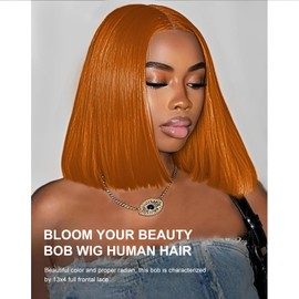 FFEGG Ginger Orange Bob wig Human Hair 350# Colored Bob Wig 13x4 HD Transparent Lace Frontal Wigs Human Hair Straight Short Bob Wigs for Black Women (16inch, Ginger Bob Wig)