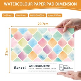 KONCCI Watercolour Paper Pad A4, 30 Sheets Cotton Watercolour Sketchbook, 300GSM, Cold Press, Natural White, Glued Bound, for Wet & Dry Mixed Media Painting Drawing, Professional Artist Quality