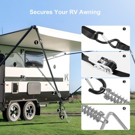 RV Awning Tie Down Kit WanDwel Heavy Duty Campers RV Awning Anchors Kits Accessories with Self-Adjusting Springs, 13ft Polyester Ratchet Strap