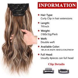 Xtrend 16Inch Wavy Hair Extensions Clip in Hair Extensions Synthetic Hair pieces for Women Girls 4PCS Full Head Set Thick Curly Wavy Synthetic Hair Extensions(128H129)