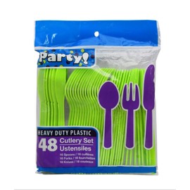 Heavy Duty Plastic Cutlery Set 96 pieces ( 32 spoons, 32 forks, 32 knives) Lime Green
