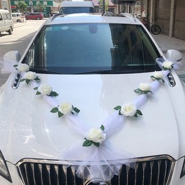 Car Decoration Wedding Garland Wedding Decoration White Gauze Rose Decoration Set with Suction Cups Car Jewellery Bride Couple Rose Decoration Car Wedding