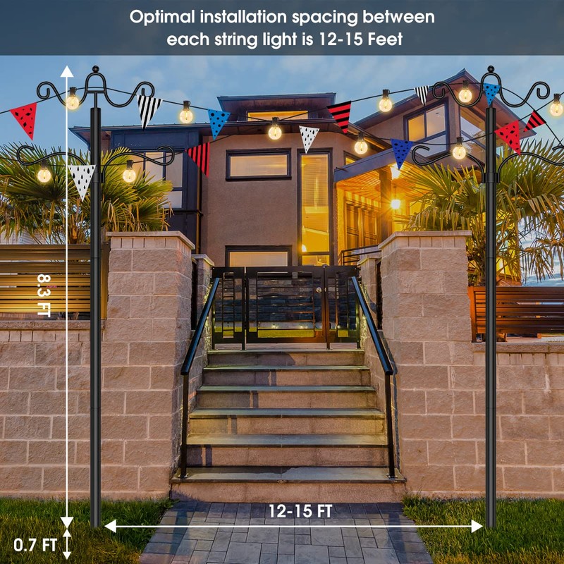 Arrinew String Light Poles 9 FT Metal Poles with Hook