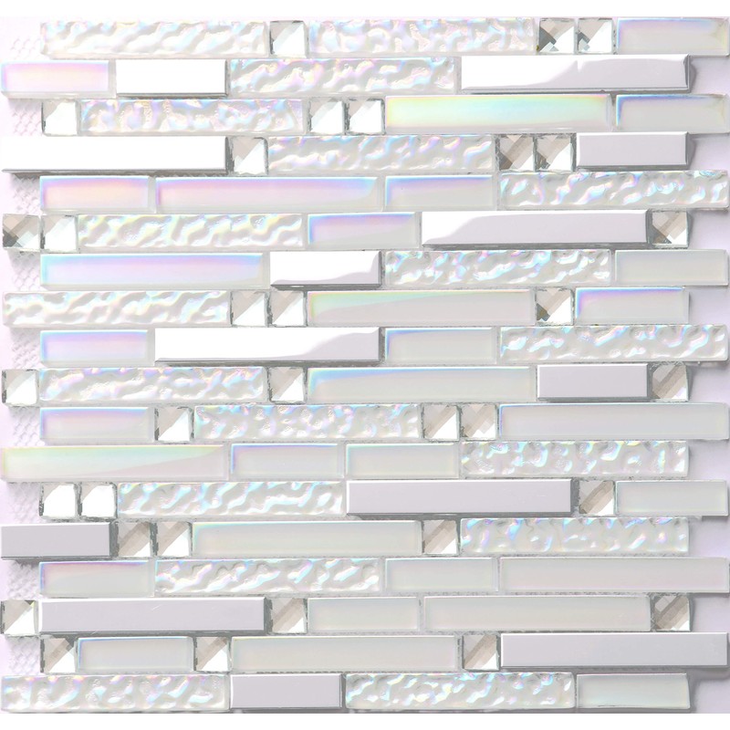 Hominter Glass Metal Tile Linear Mosaic Iridescent White Crystal Glass
