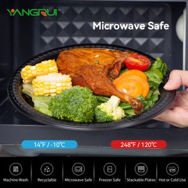 YANGRUI Reusable Plastic Plates, 9 Inch 150 Pack Food Grade Material BPA Free Black Dinner Plates
