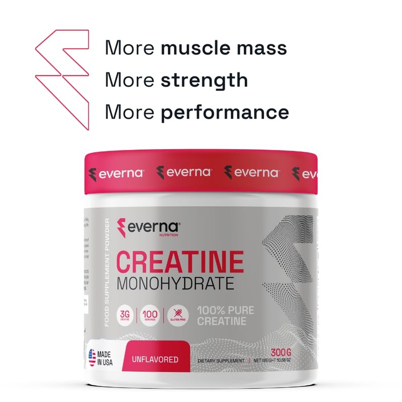 EVERNA Creatine Monohydrate Powder, 10.58oz (300g) Unflavored, 100 Servings, 100%
