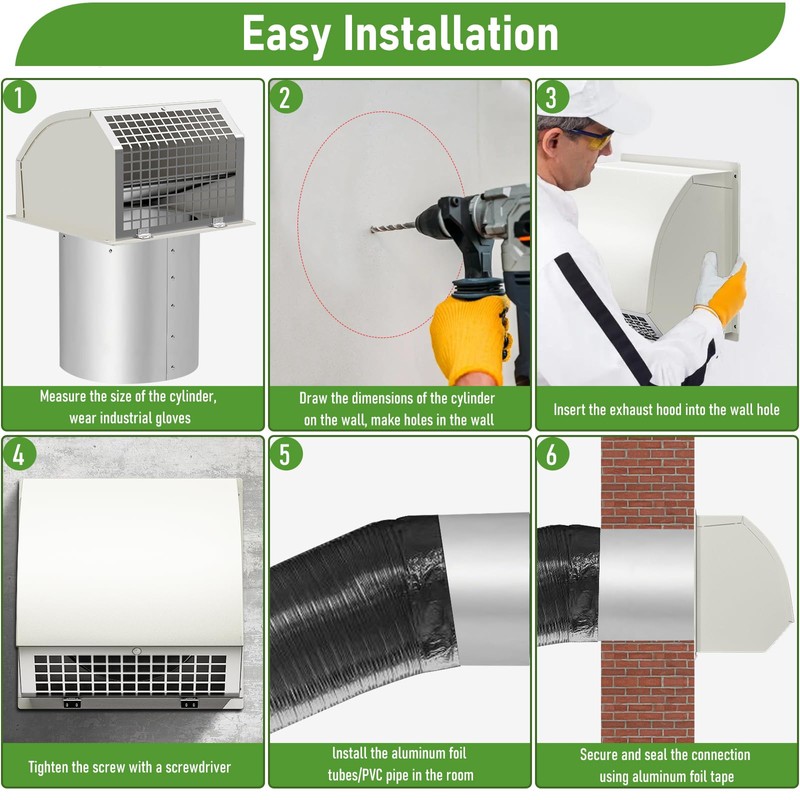 6 Inch Hooded Wall Vent with Damper&Screen, Wall Exhaust Vent