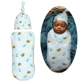Muishi Daisy Flower Cartoon Bee Newborn Swaddle Blankets Hat Sets Soft Baby Receiving Blanket Swaddle Sack for Baby Shower Infant Boy Girl Gift