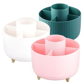 CHUENKUK 3 Pieces Rotating Make Up Organiser, Plastic Cosmetic Organiser Rotatable 360 Degrees, 5 Compartments Dressing Table Organiser for Make-Up, Tool, Bathroom, Office, White, Pink, Blue