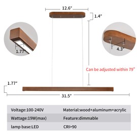 31.5" Wood Linear Pendant Light – Dimmable LED Chandelier with Remote, Adjustable Modern Farmhouse Lighting for Kitchen Islands, Dining Rooms & Bars Walnut Color (19W Energy-Efficient)