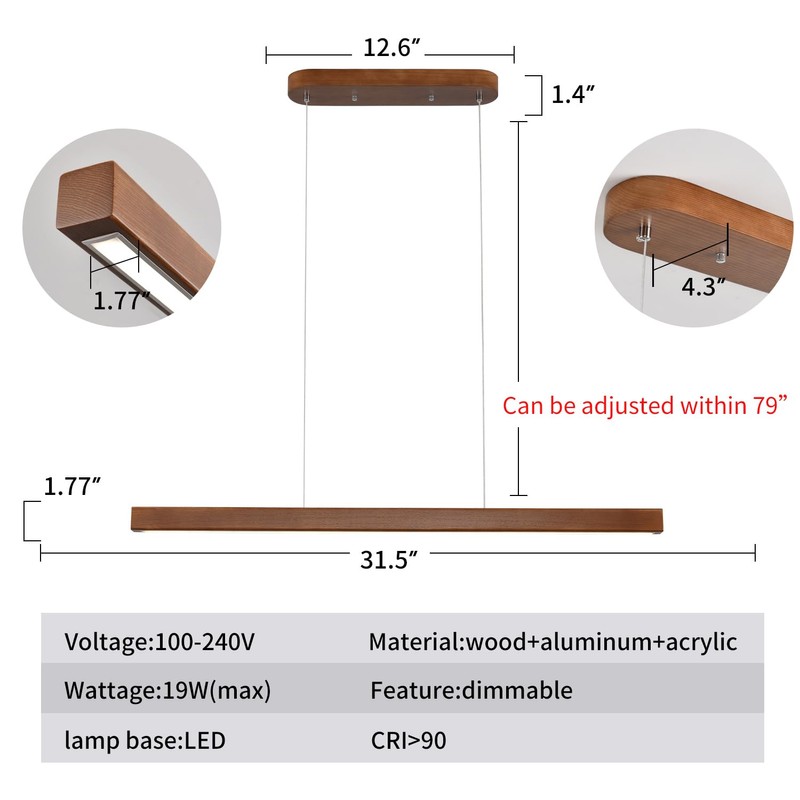 31.5" Wood Linear Pendant Light – Dimmable LED Chandelier with