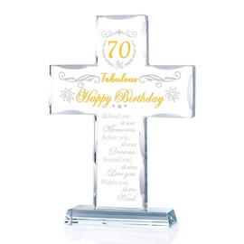 70th Birthday Cross Gifts for Women Men, Standing Glass Keepsake for 70 Year Old Birthday Religious Presents for Mom, 70th Fablous Birthday Gifts Ideas