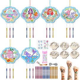 Pack of 12 Wind Chimes Craft Set Children, Mermaid Crafts, Ocean Animals Crafts Wood for Wood Painting, Fairies Colouring, Creative Sets for Girls, Children's Birthday Crafts, Summer Garden Decoration