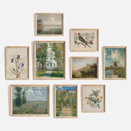 TheCanvas Vintage Wall Art Prints Set of 9, Gallery Wall Art with Nature Landscape Paintings, Eclectic Farmhouse Wall Decor for Living Room or Bedroom UNFRAMED