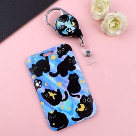 Retractable Badge Holder with Adorable Black Cat Print, Durable Card Sleeve and Clip for ID, Keys, Access Cards, Cute Card Holder for Kids, Teacher, Women