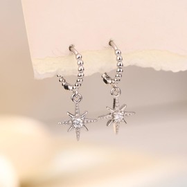 Dainty CZ Star Dangle Drop Hoop Earrings for Women Silver Plated Cute Crystal Bead Ball Charm Statement Dangling Sensitive Ear Huggie Hoops Hypoallergenic Fashion Trendy Jewelry for Her
