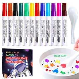 Actualizado: tinta más grande, 12 colores mágicos de agua para niños, juego de dibujo de pintura de agua, bolígrafos de tinta flotantes mágicos, marcador de pizarra blanca con cuchara de cerámica