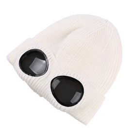 Unisex Wool Knitted Goggles Beanie, Warm Winter Stylish Hat Outdoor Sports Cap White