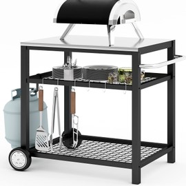 GHENOVA Movable Food Prep and Work Cart Table Stainless Steel Grill Cart Modular Table with Wheels and Handle Double-Shelf Commercial Kitchen Table Heavy Duty Grill Cart Outdoor Cart