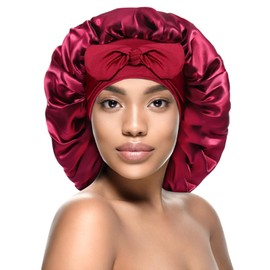 CICINIO Gorro de Dormir de Seda para El Cabello Largo Bonnet Ajustable para Mujer, Banda Elástica Gorro para Dormir Cabello Scrunchies Maquillaje Diadema Pelo Rizado Gorra de Noche (Rojo)