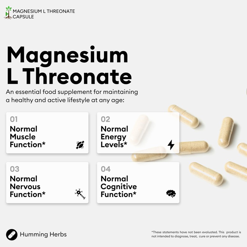 Humming Herbs Magnesium L-Threonate Supplement 1500mg per Serving | Provides